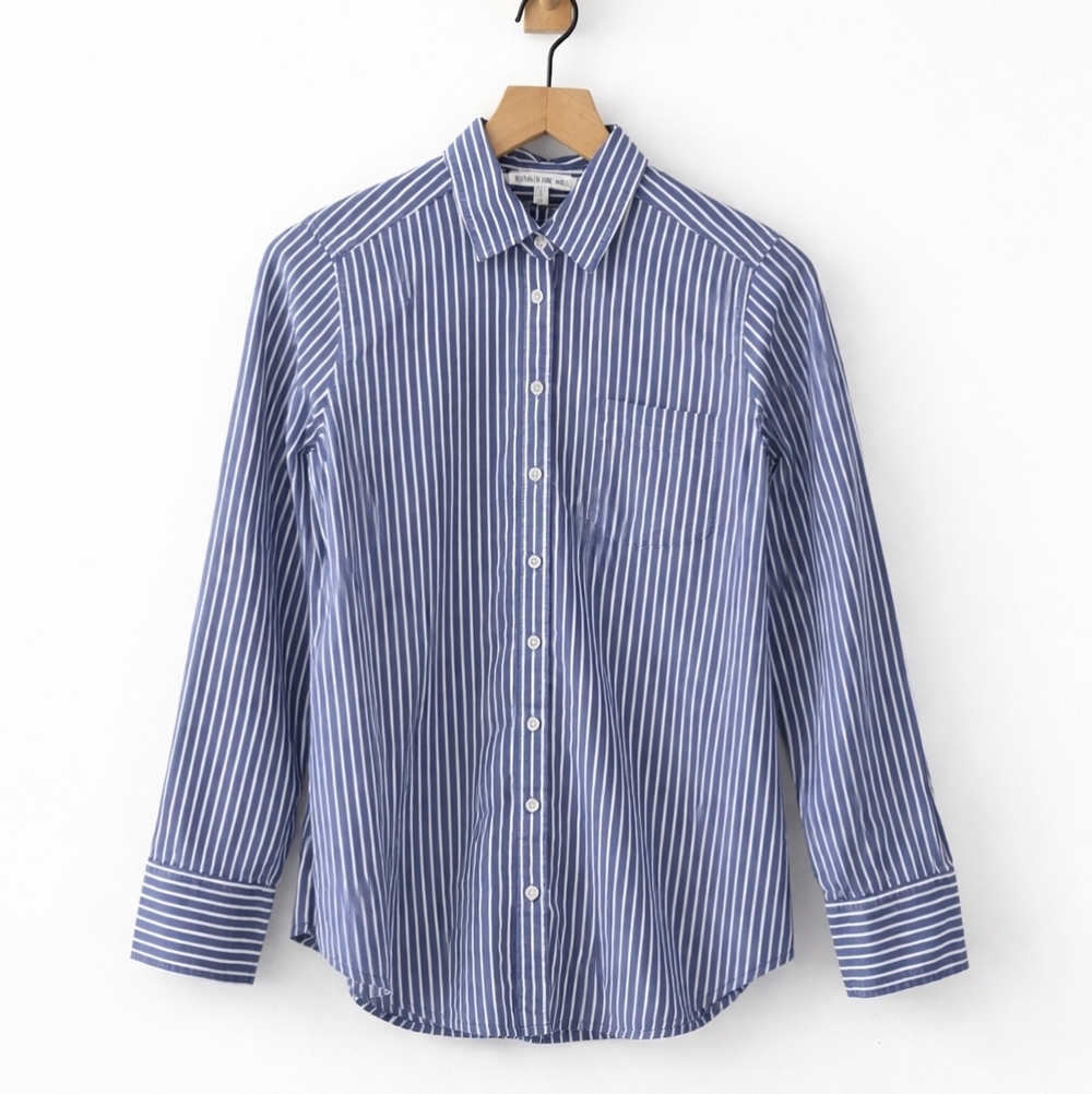 Elizabeth and James Striped Button Down Shirt Blue White Cotton Cinched Back S